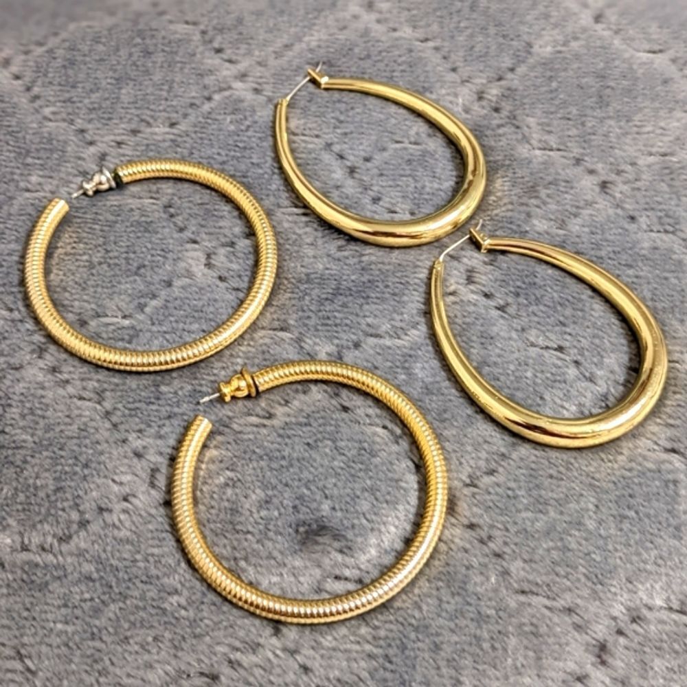 Vintage Classic Style Goldtone Hoop Earrings - 2 Pairs
